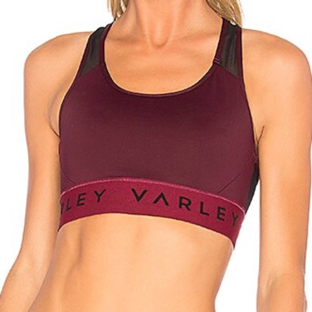 Varley Cliffside Sports Bra XS Raspberry Black Mesh Keyhole Back Logo Band XS